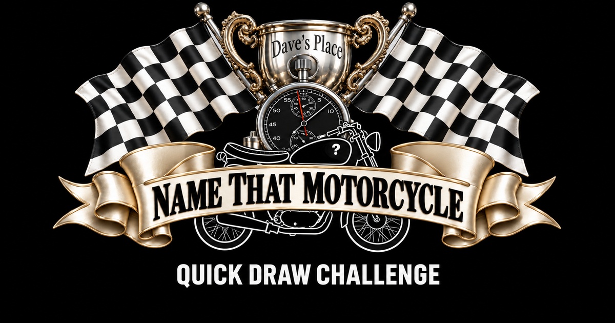 Name That Motorcycle: trophy, stopwatch, motorcycle with white outlines and chequered flags